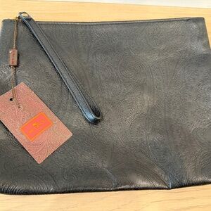 ETRO - Black Leather Embossed Paisley Print Clutch Pouch